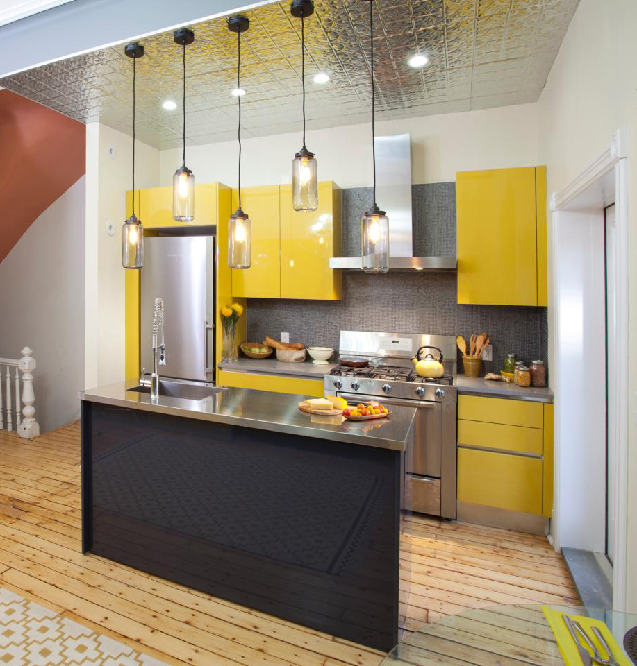 Small I shaped Kitchen With Yellow Cabinets Dwellingdecor