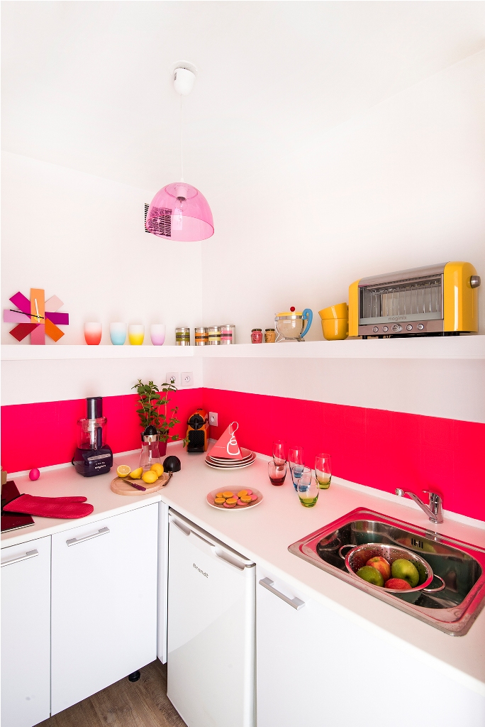 Small Kitchen With Bright Feminine Colors