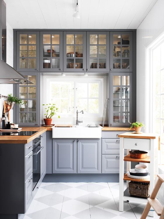 Small Kitchen With Grey Cabinets & White Countertop dwellingdecor