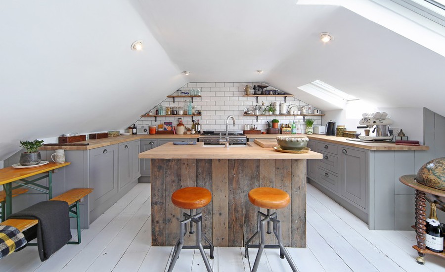 Small Kitchen With Reclaimed Wood Base And Concrete Top