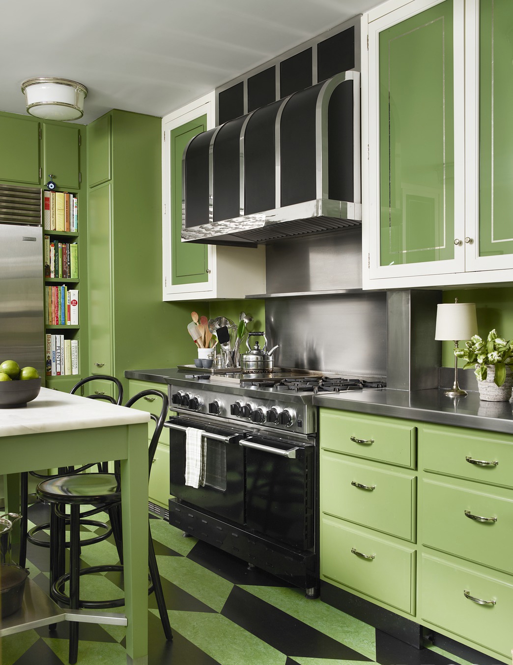 Small Kitchen With Parrot Green Cabinets Dwellingdecor