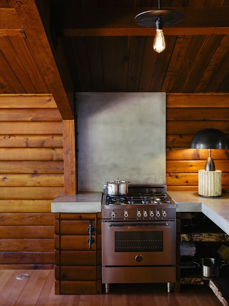 Small Rustic L-shaped Light Wood Floor Kitchen Dwellingdecor