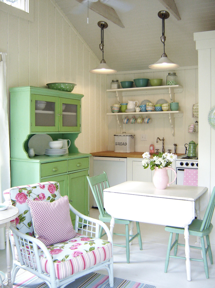 Small Shabby-chic Style Single-wall Painted Open Concept Kitchen