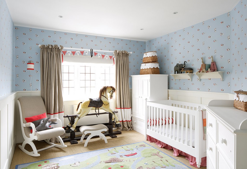 baby-bedroom-decorating-ideas-with-grey-curtains-rocking-horse-toy