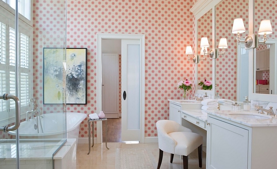 Beach-style-bathroom-in-Boston-with-cool-wallpaper