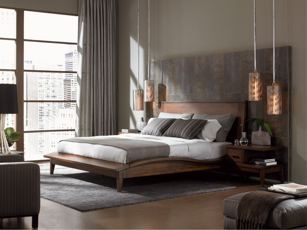 Grey Based Bedroom Design With Wooden Furniture And City View