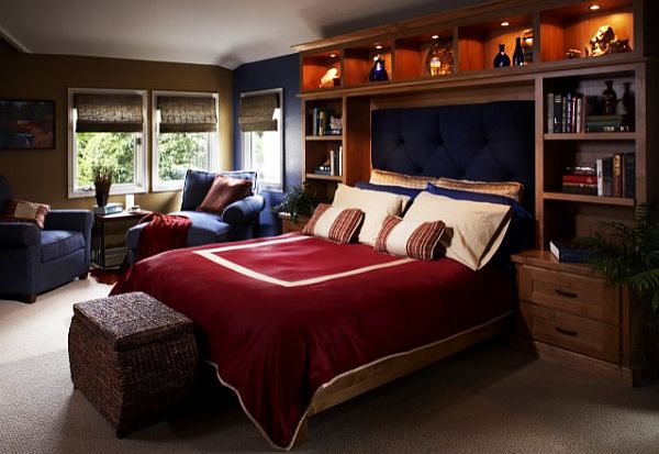 Wonderful Dark Brown Interior of Cool Bedroom Ideas for Guys Design with Sitting Area Wooden Headboard Ratttan Footboard Design