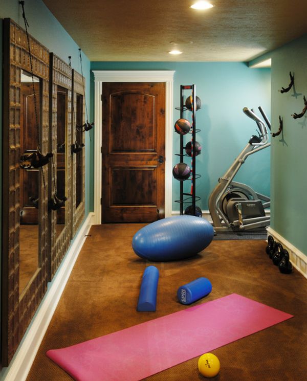 Small-home-gym-with-a-basketball-organizer-and-lovely-mirrors