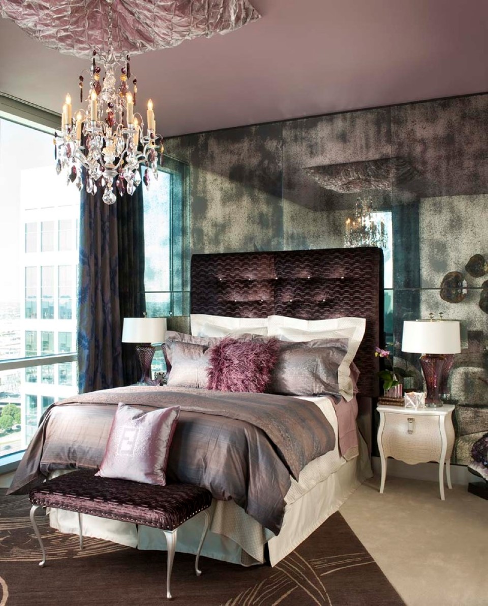 cool-bedroom-chandelier-also-mirrored-wall-panel-feat-amazing-silk-tufted-headboard