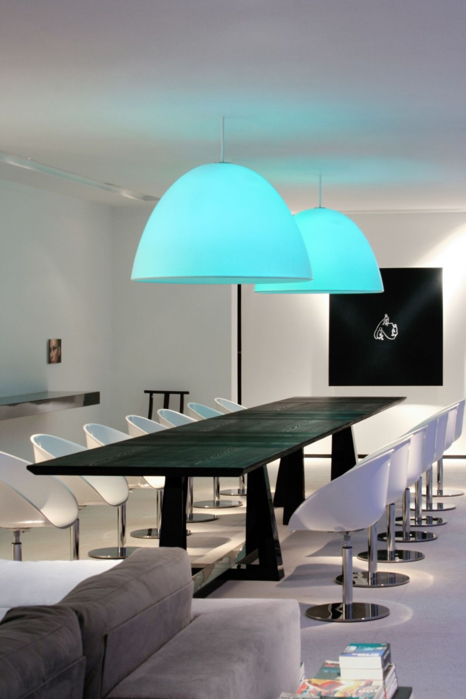 Inspiring Modern Dining Room Design With Large Blue Lights