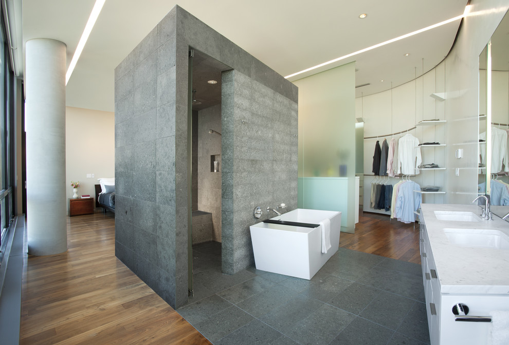 open-concept-master-bedroom-and-bath-Bathroom-Modern-with-blocky-closet-column-curved