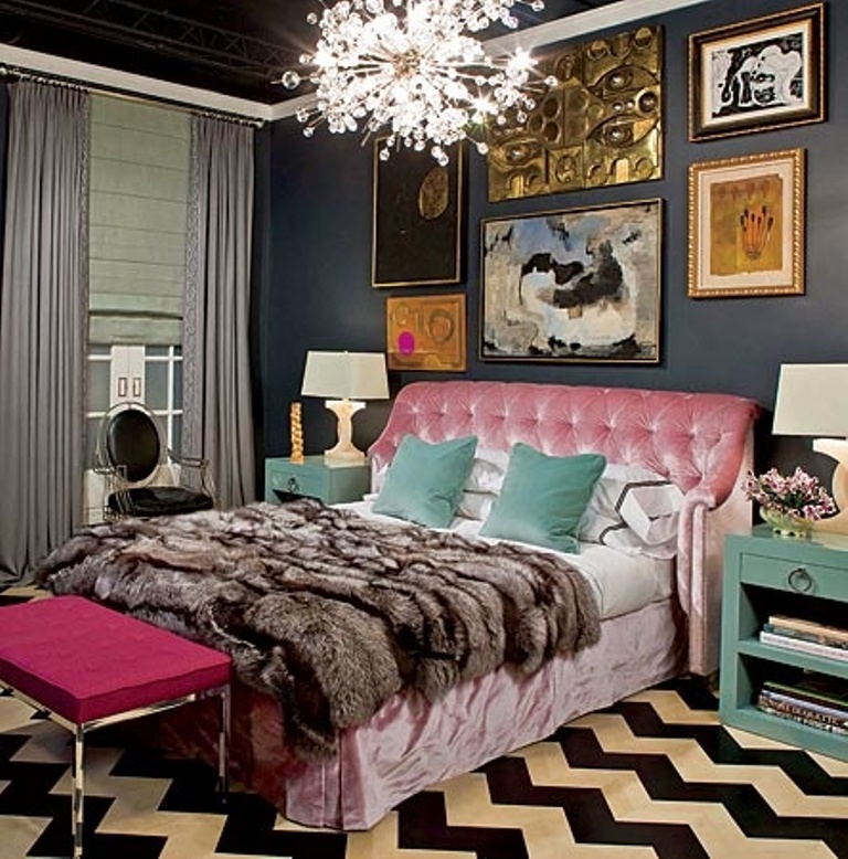 Eclectic Bedroom with chevron floor stands out and creates a nice visual effect in the bedroom.