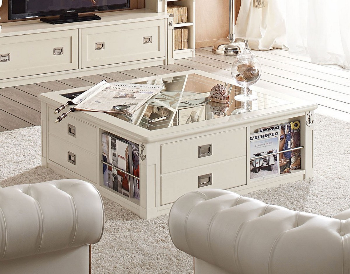 White Coffee Table With Storage & Tufted Sectional Sofa