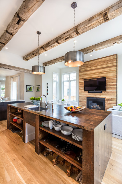 contemporary open kitchen with vintage lights and reclaimed wood ceiling