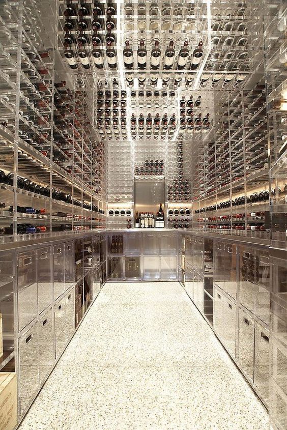 glass and steel enclosede wine cellar