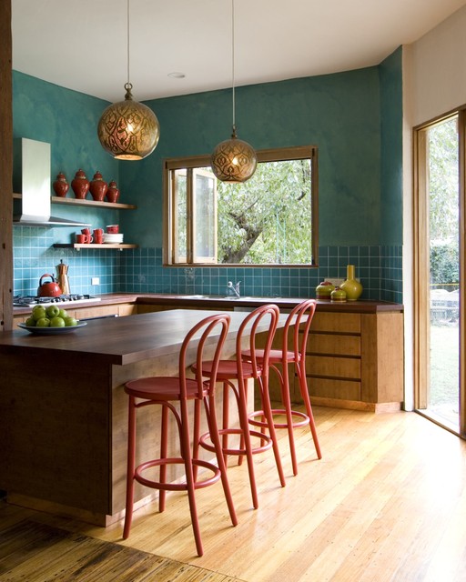 Colorful turquoise wall Kitchen