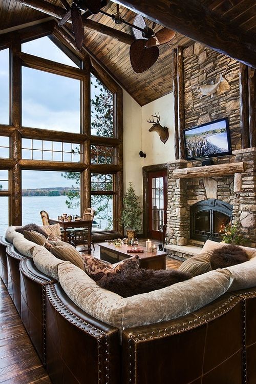 Rustic living room, log cabin, fire place