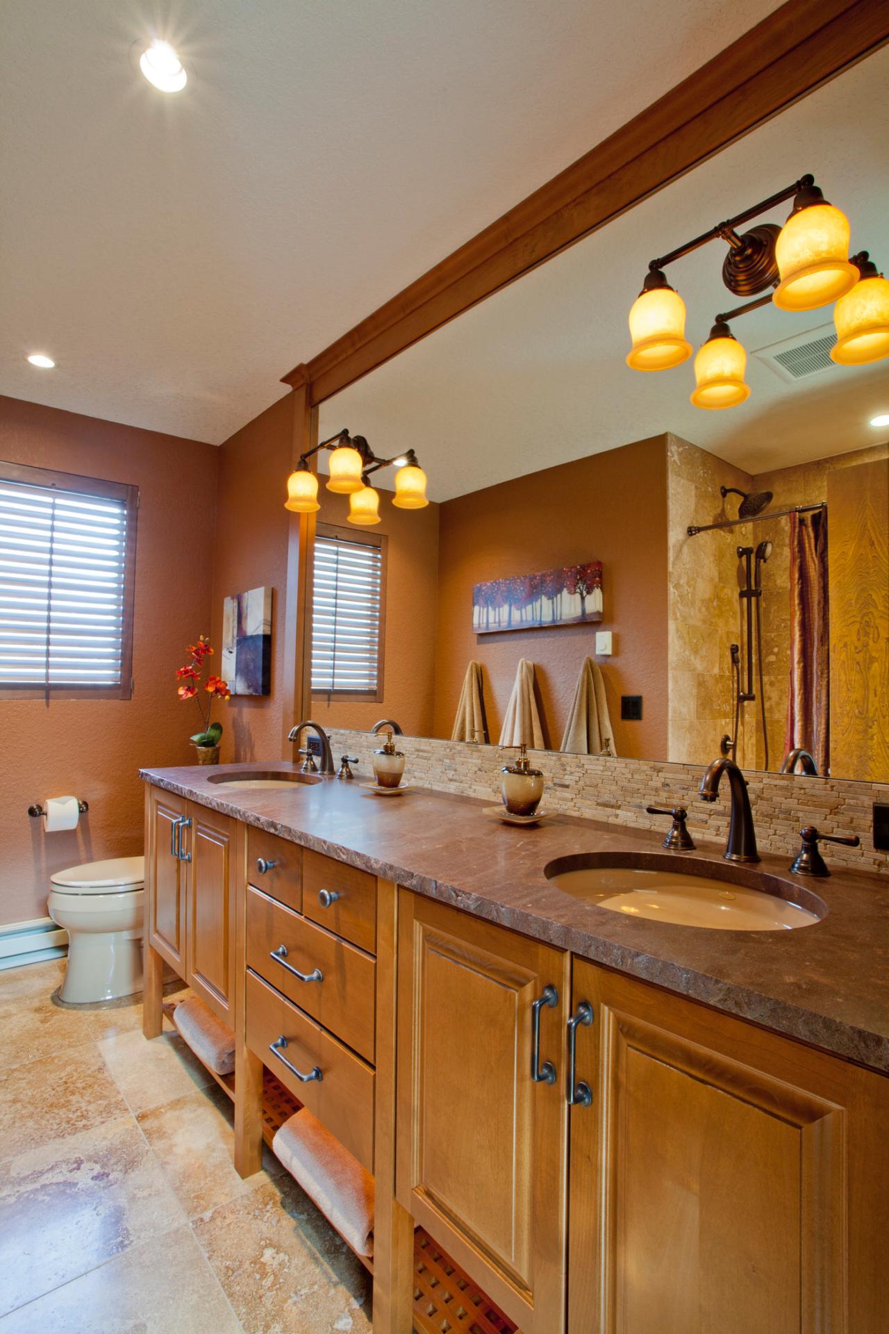 Brown Craftsman Bathroom With Long Double Vanity