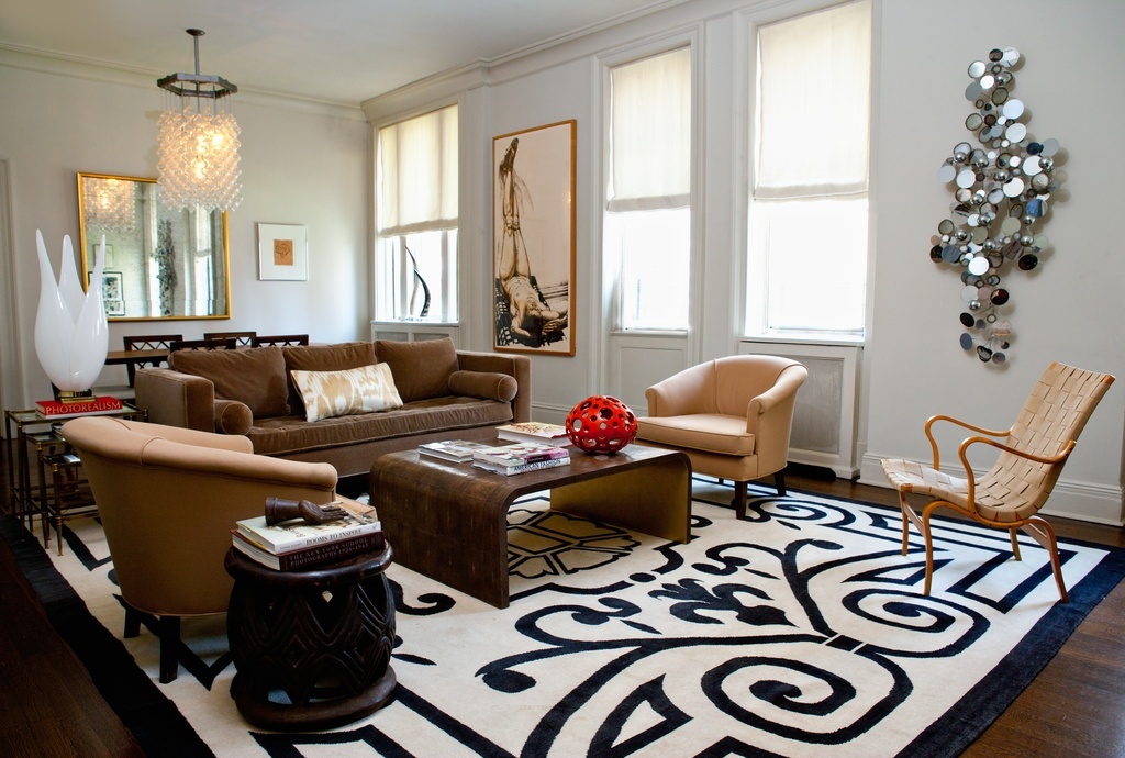 Eclectic Living Room with Knoll Risom Arm Lounge Chair, Carved African stool, One Kings