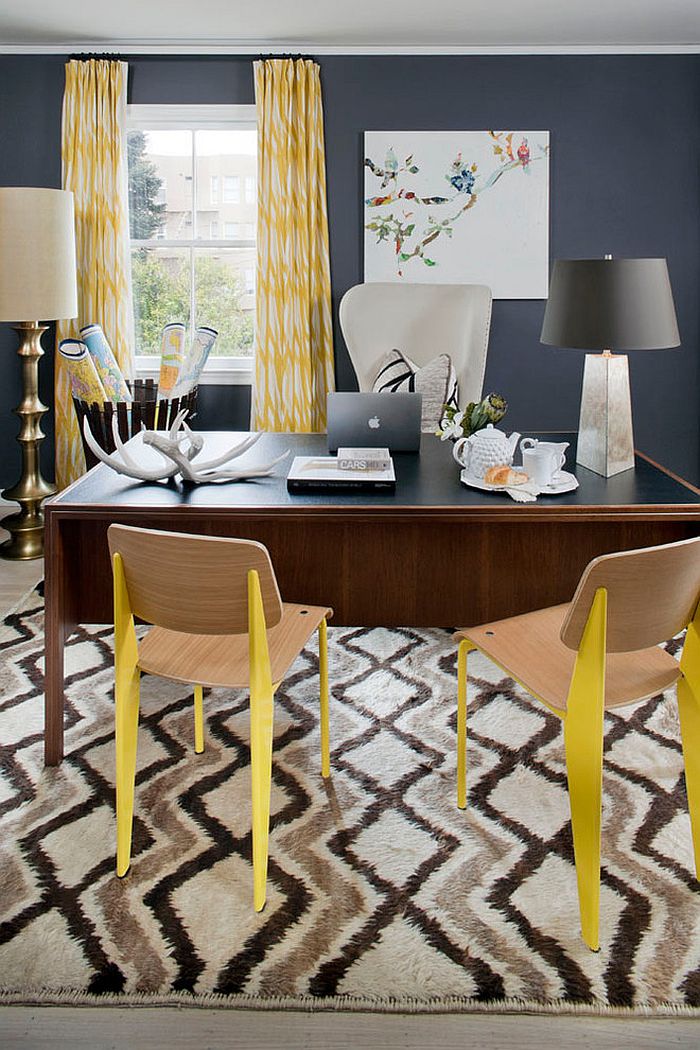 Eclectic home office in gray with color and pattern