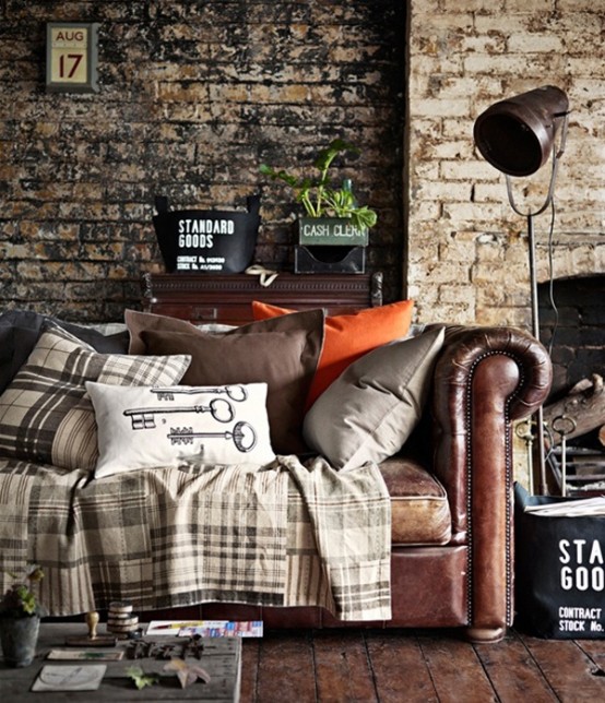 Industrial Living Room with Brick Walls