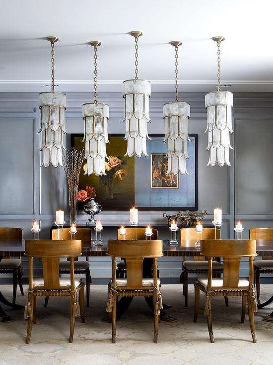 Eclectic Dining Room with Pendant Light, Italian Chandelier of Tiered Crystal and Gilt Metal,