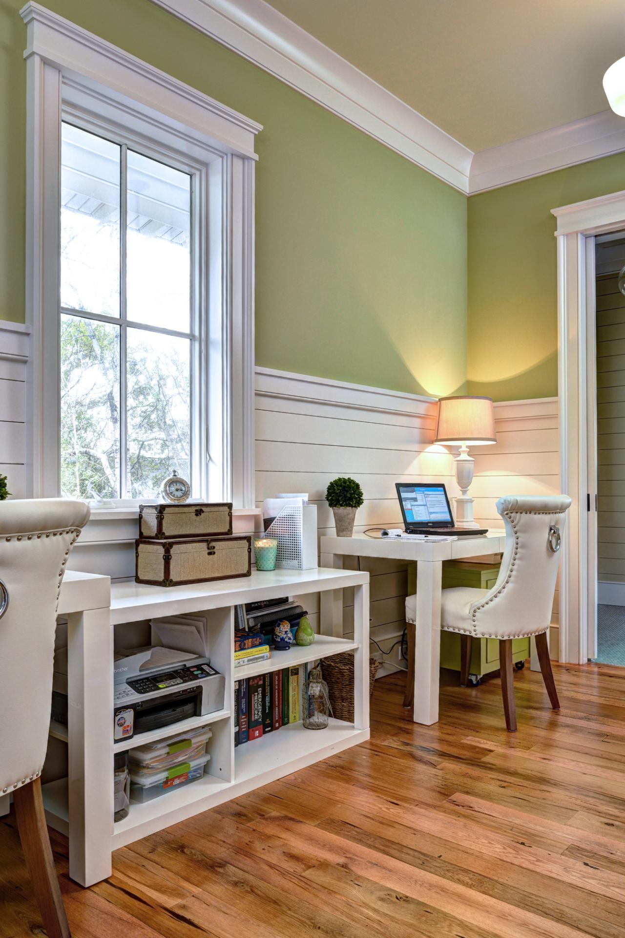 Home Office with Green Walls and Costal-style Wainscoting