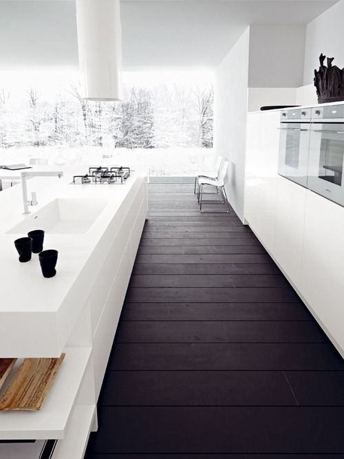 white kitchen and dark floorboards