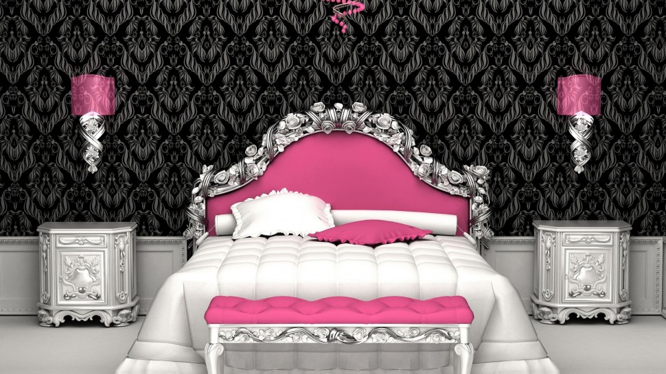 Black And White Bedroom Wallpaper Art With Pink Headboard