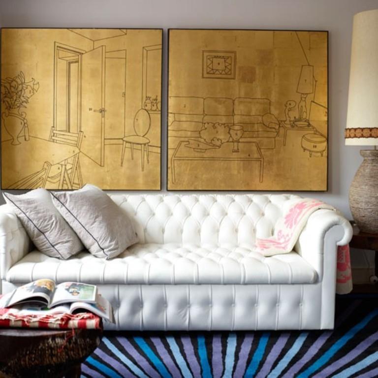 Mid Century Living Room With Monochromatic Multi Canvas