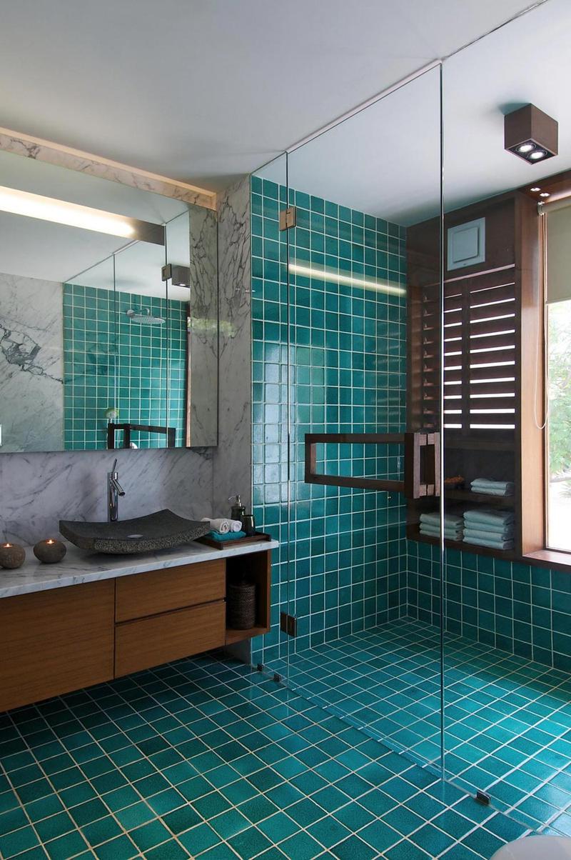 Blue Bathroom with Spacious Glass Shower