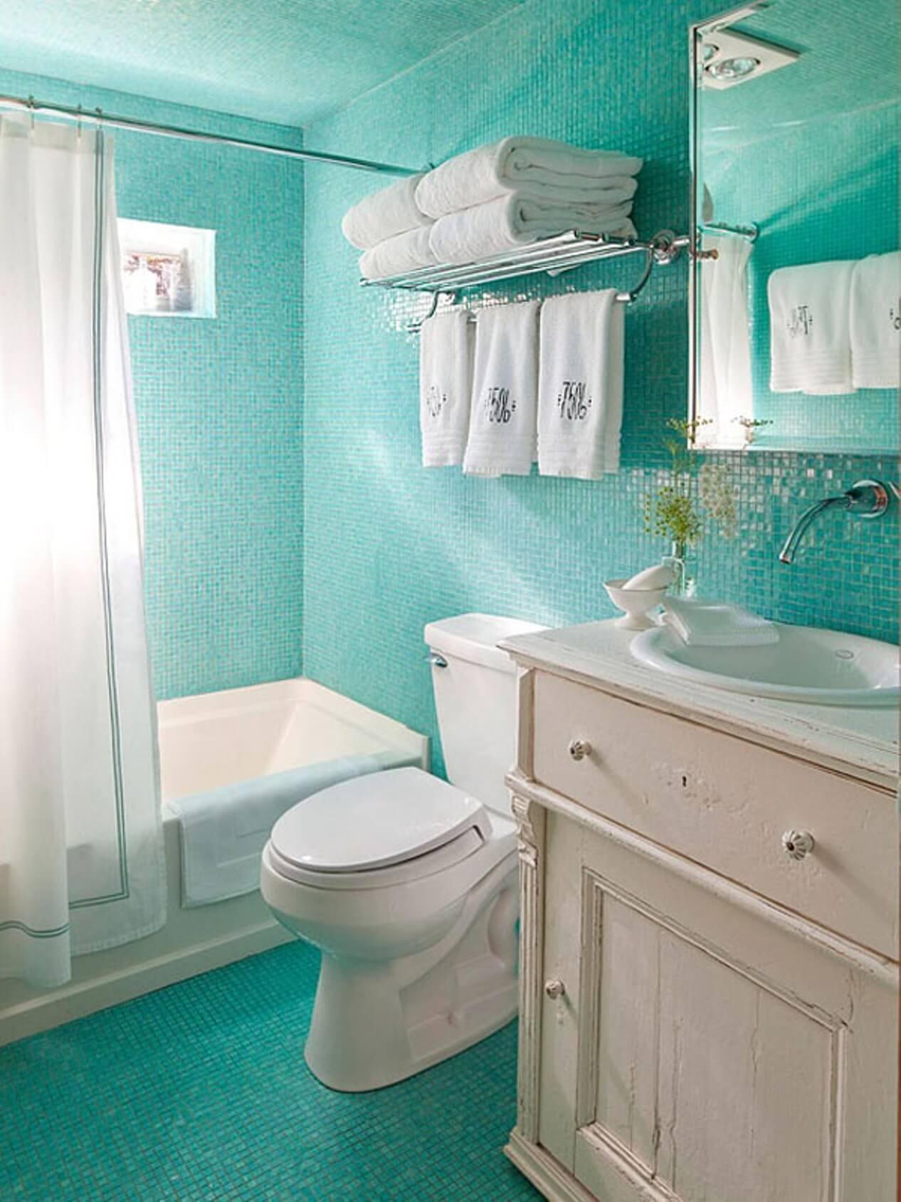 Shabby Chic Bathroom Covered with Turquoise Tiles