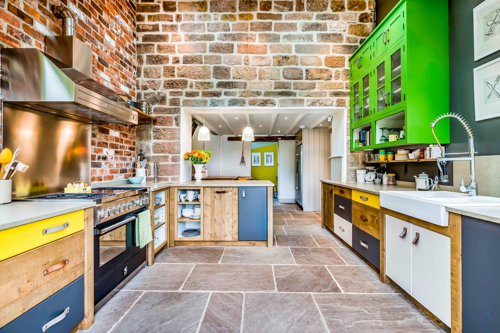Eclectic Kitchen Design With Exposed Brick Wall & Artifact Lighting Dwellingdecor