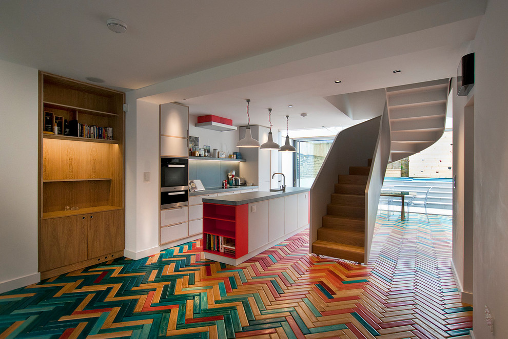 Multicolored Kitchen Tiles With Wooden Shelves