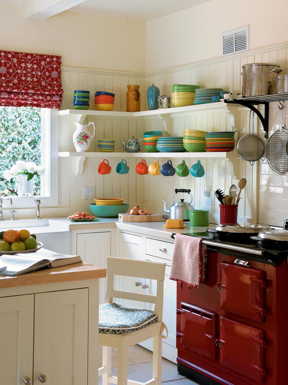 Small L-shaped Kitchen With Red & White Cabinets Dwellingdecor