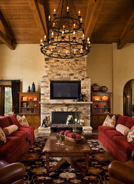 Rustic Living Room With Large Fireplace & Seating Area