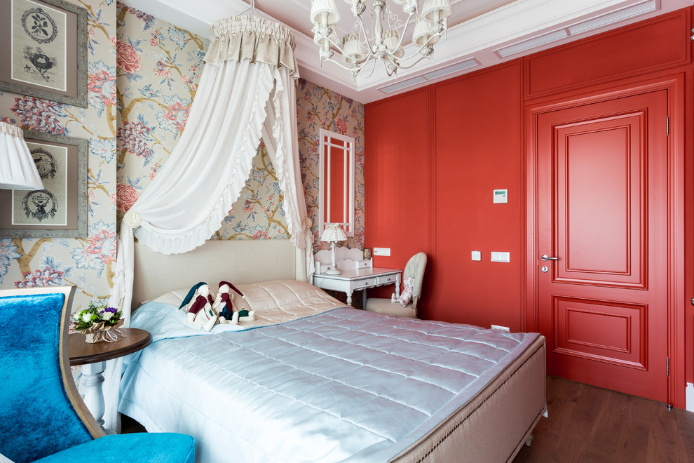 Transitional Bedroom With Red Wall Dwellingdecor