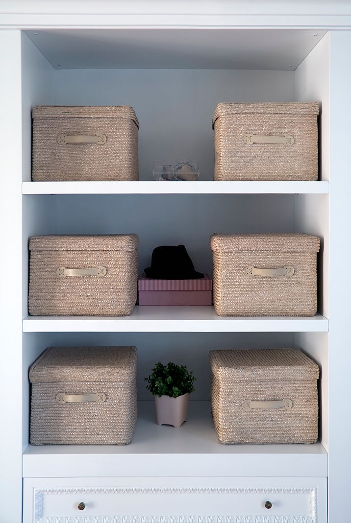 Bedroom closet with storage bins and shelves